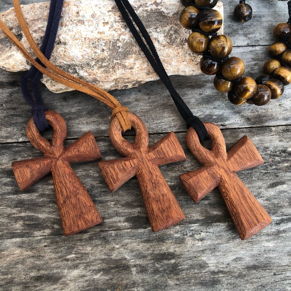 Hand-Carved Mahogany Wooden Ankh Necklace - Picture 7 of 8